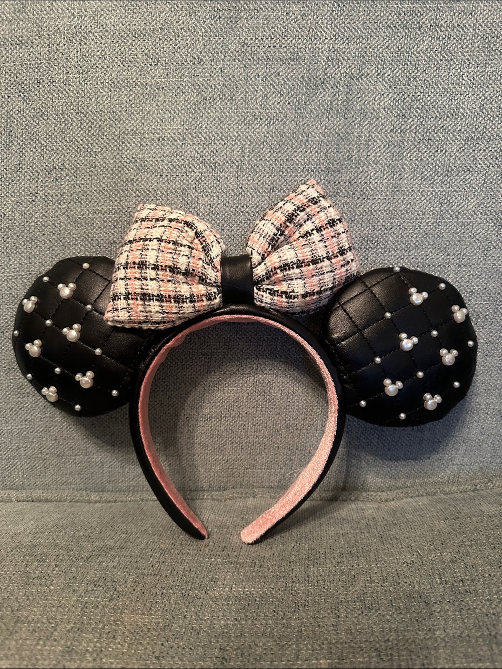 Kids Black Quilted Minnie Mouse Ear Headband with Pink Tweed Bow